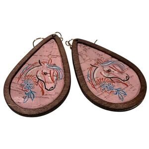 Horse Teardrop Dangle Earrings Pink Wood Boho Western‎ Equestrian Cowgirl Gift